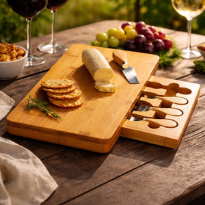 A wooden charcuterie board set on a rustic wooden table, featuring a rectangular cutting/serving board with crackers, a log of cheese, and a small knife, alongside a matching slide-out tray holding several utensils. Wine glasses, grapes, and food are arranged around it in an outdoor dining setting.