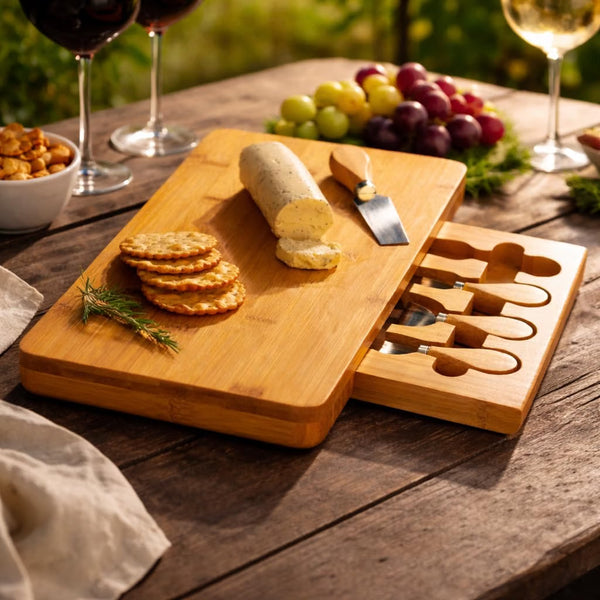 A wooden charcuterie board set on a rustic wooden table, featuring a rectangular cutting/serving board with crackers, a log of cheese, and a small knife, alongside a matching slide-out tray holding several utensils. Wine glasses, grapes, and food are arranged around it in an outdoor dining setting.