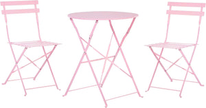 Pink metal outdoor table and chairs set on a white background