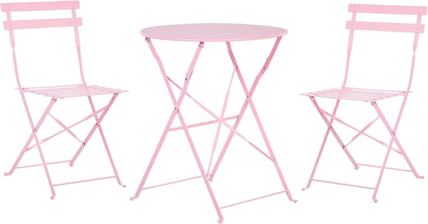 Pink metal outdoor table and chairs set on a white background