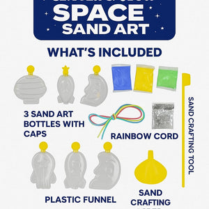 Space sand art kit with bottles, funnel, and tools on a white background