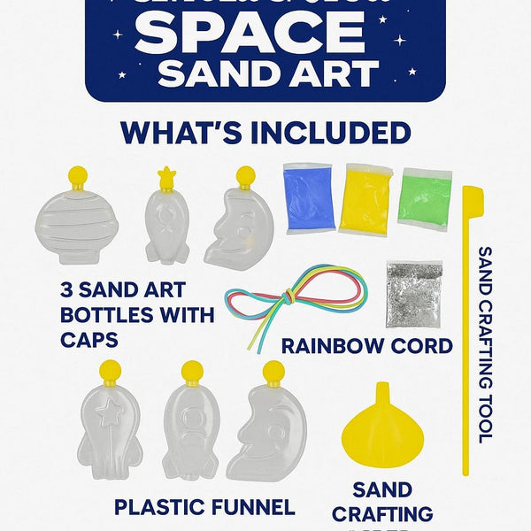 Space sand art kit with bottles, funnel, and tools on a white background