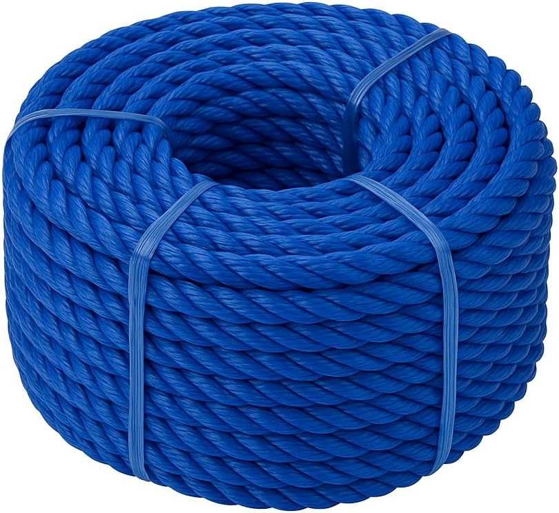 Coiled blue rope on a white background