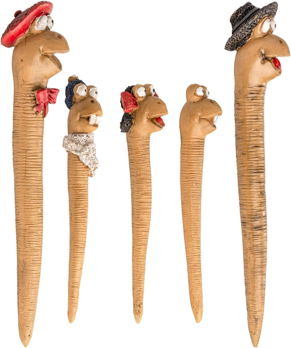A set of five colorful resin garden worm figurines with decorative hats and accessories, displayed in a garden setting with flowers.