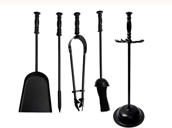 Set of black fireplace tools including a shovel, tongs, and poker on a white background