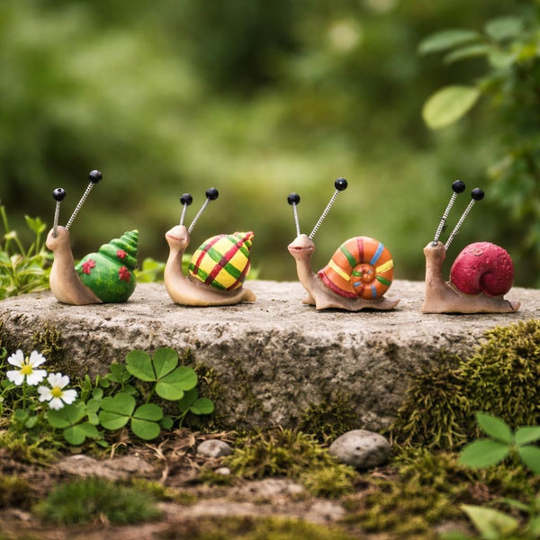 Four colorful snail figurines with striped shells on a stone surface surrounded by greenery.