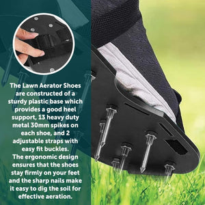 Lawn aerator shoes with spike details on a grass background