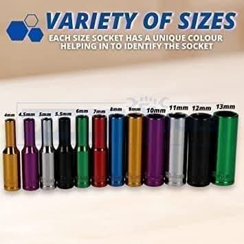 12pc 1/4"Drive Deep Sockets Coloured 12 Pcs 4mm - 13mm On a Rail Tool Set