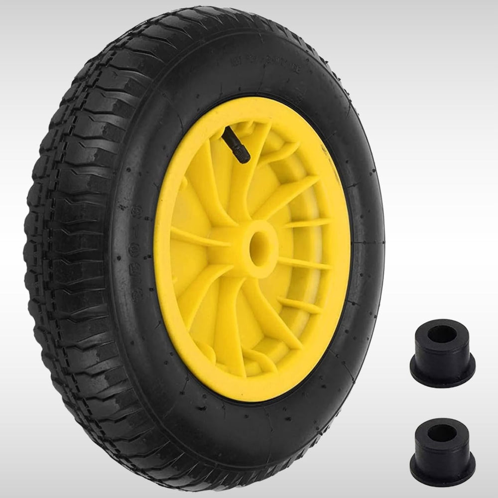 Close-up of a green wheelbarrow wheel with a yellow rim, attached to a metal frame.