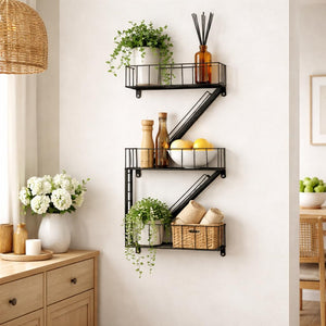 Z-shaped wall shelf with decorative items in a home setting