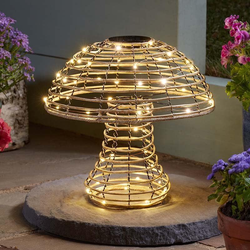 Decorative outdoor light fixture with wire cage design on a stone base, surrounded by flowers.