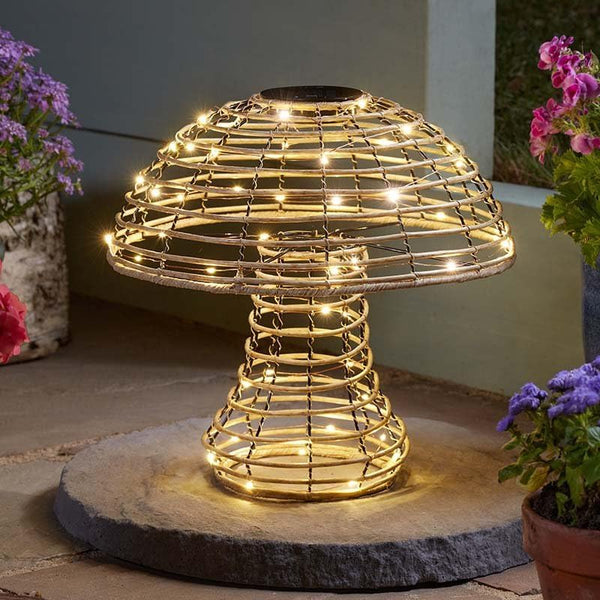 Decorative outdoor light fixture with wire cage design on a stone base, surrounded by flowers.