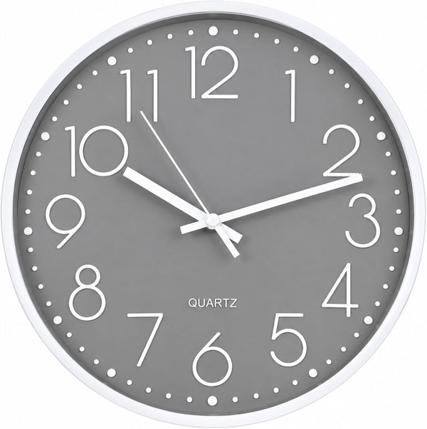 A minimalist quartz wall clock with a round gray face, white frame, and bold white Arabic numerals, shown against a plain white background.