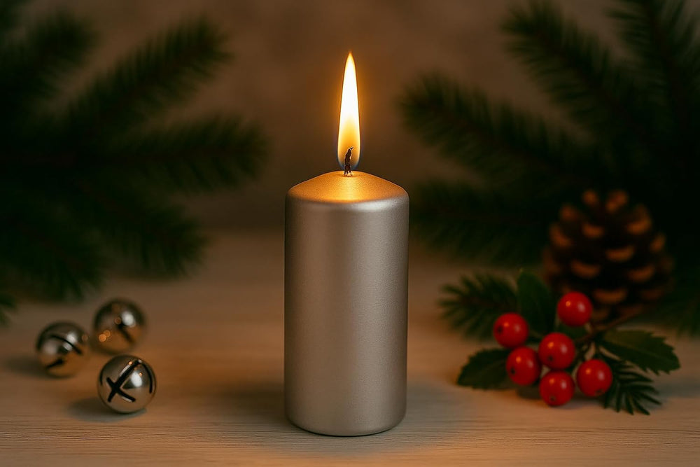 Silver candle with a flame, surrounded by Christmas decorations on a wooden surface.