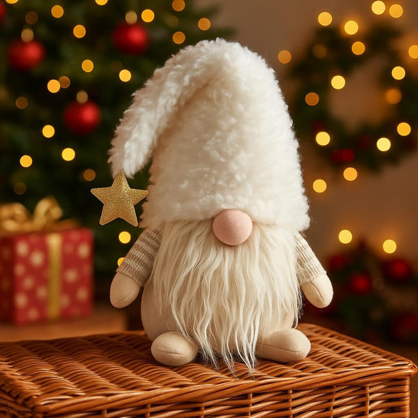 Decorative gnome with a white hat and beard, standing on a woven surface with a festive background.