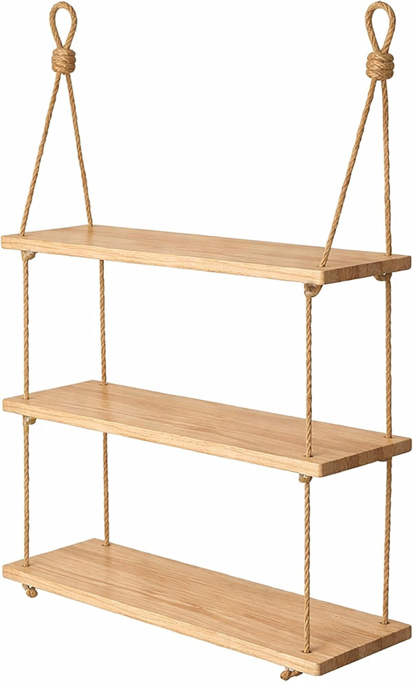 Three-tier wooden floating shelf with natural oak wood boards and rope hangers, shown against a plain white background.