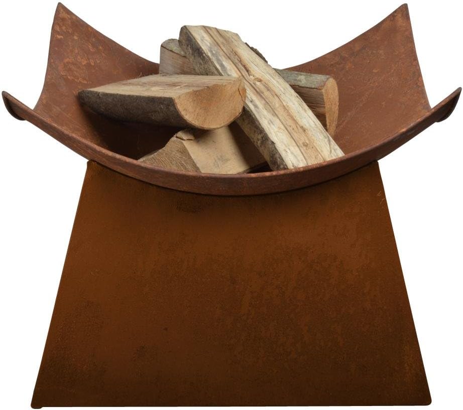 Brown firewood holder with firewood on a white background