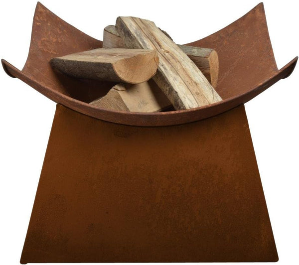 Brown firewood holder with firewood on a white background