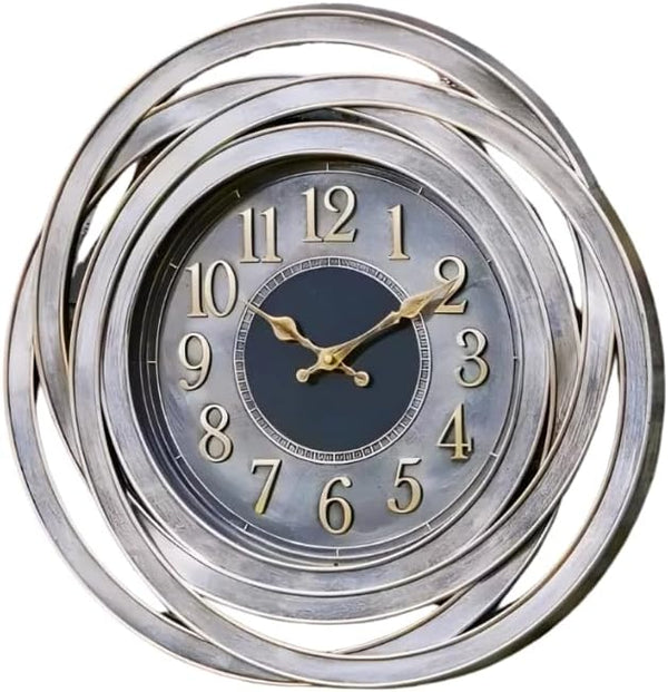 Decorative wall clock with spiral design and gold accents on a white background