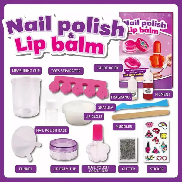 Set of nail polish and lip balm making tools with labeled components on a purple background.
