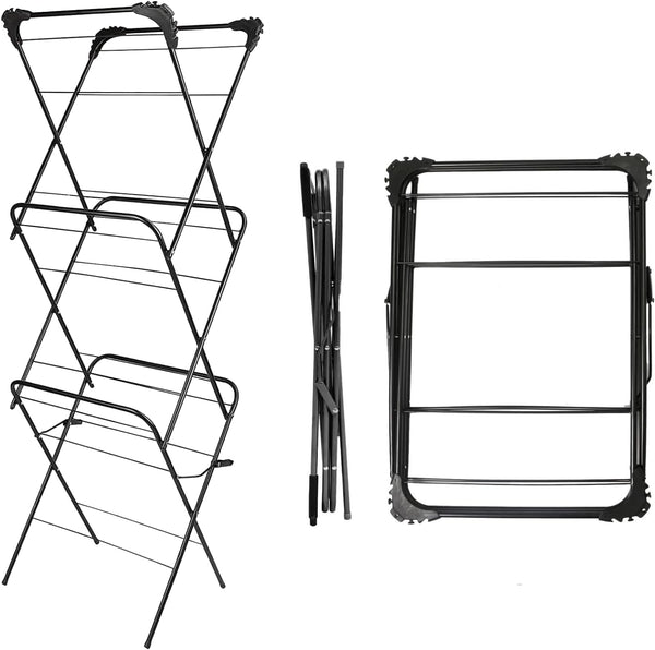 Black metal drying rack with adjustable shelves on a white background