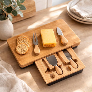 A bamboo cheese board set with a rectangular serving board, crackers, a wedge of cheese, and three small cheese knives in a matching drawer, styled on a wooden table with natural light.