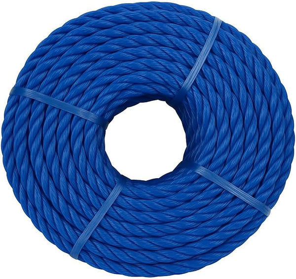 Coiled blue rope on a white background