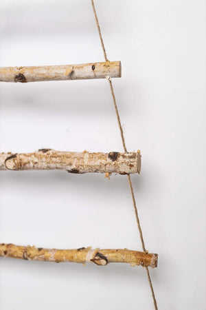 Decorative wall art made of branches and string on a white background