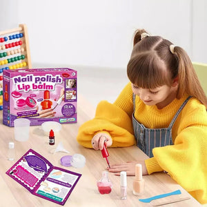 Child playing with a nail polish and lip balm kit on a table.