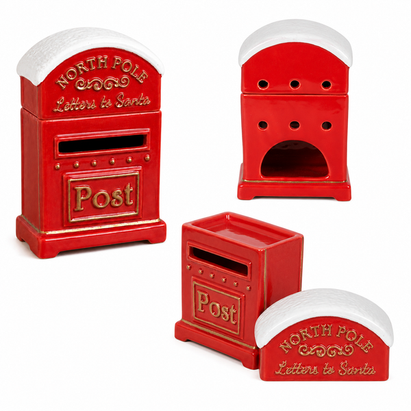 Three red ceramic North Pole Letters to Santa postmarks on a white background, showing different angles and sizes of the same holiday-themed mailbox design.