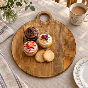 Round wooden serving board with a cutout handle, styled on a linen tablecloth with cupcakes, cookies, a cup of coffee, and a vase of flowers.