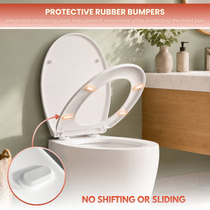 White toilet seat with protective rubber bumpers in a bathroom setting