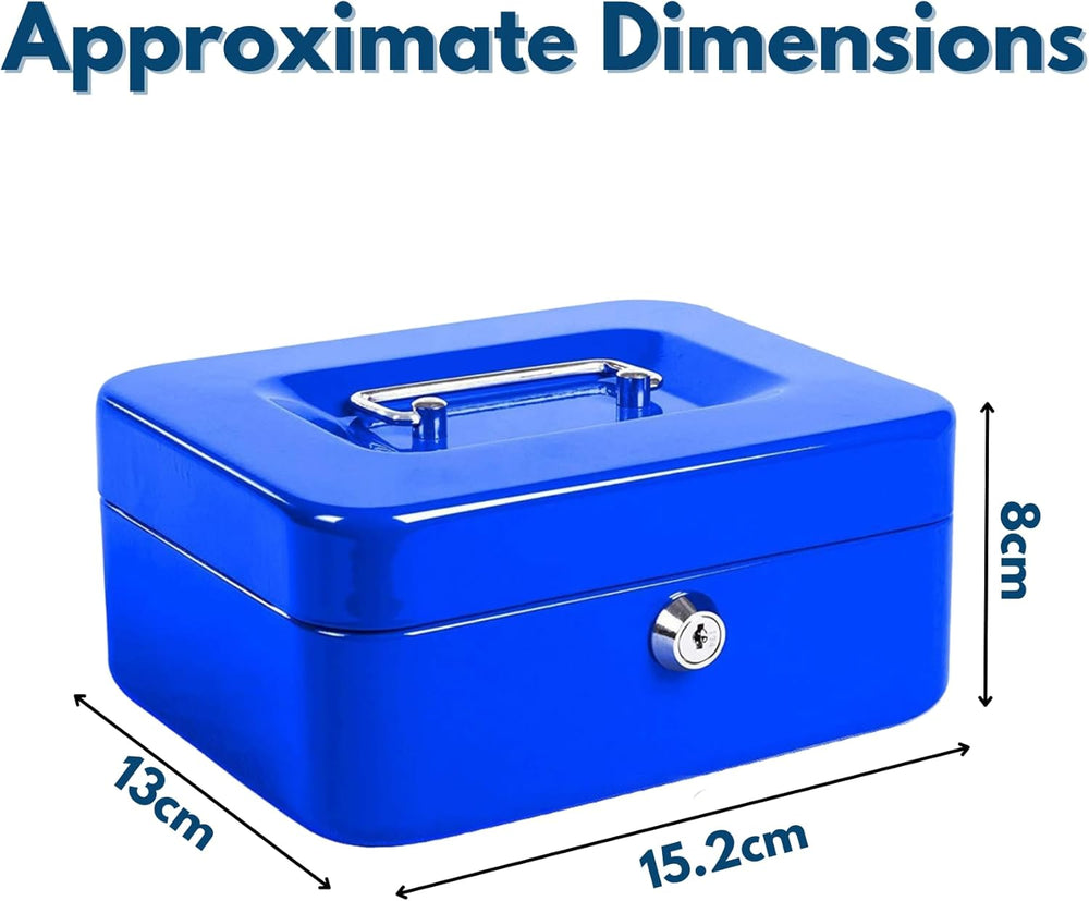 Blue lockable steel cash box with removable tray.