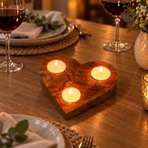 Heart-shaped wooden candle holder with three lit tealight candles on a warm wooden dining table, surrounded by wine glasses, plates, and flowers.