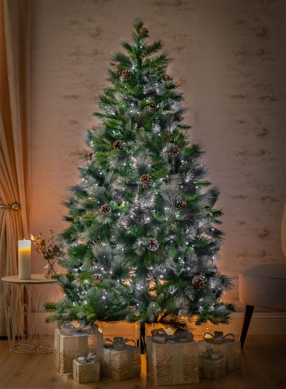 6ft snow tipped artificial Christmas tree with pine cones