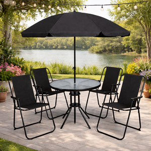 Six piece black garden furniture set with parasol