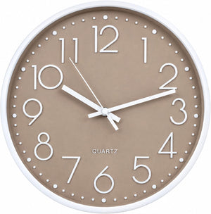 A minimalist round wall clock with a taupe-beige face, white numerals, white hands, and a white outer rim, shown against a plain white background.