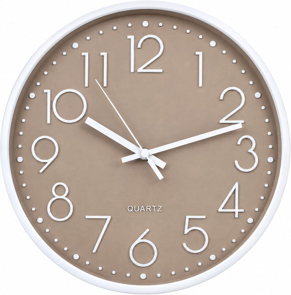 A minimalist round wall clock with a taupe-beige face, white numerals, white hands, and a white outer rim, shown against a plain white background.