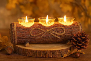 Wooden log candle holder with three lit candles on a wooden surface with autumn leaves and pinecones.