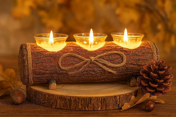 Wooden log candle holder with three lit candles on a wooden surface with autumn leaves and pinecones.