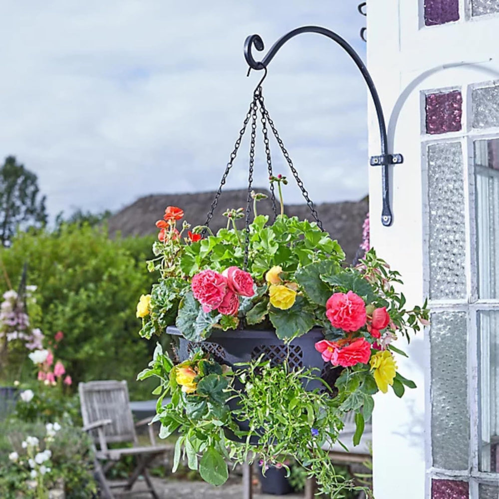 Hanging flower basket with colorful flowers in front of a house with a garden in the background
