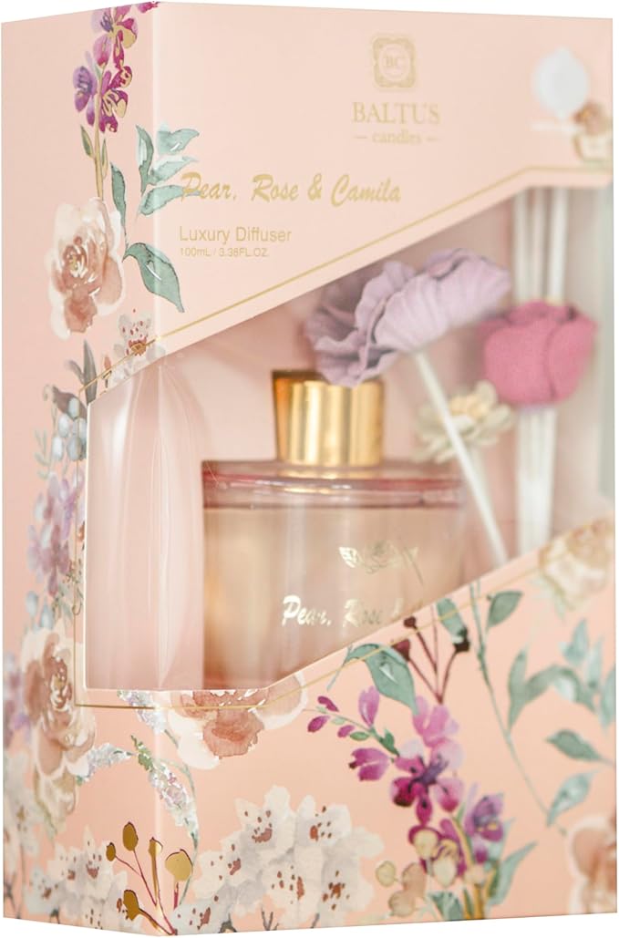 Reed diffuser with floral design on a neutral background