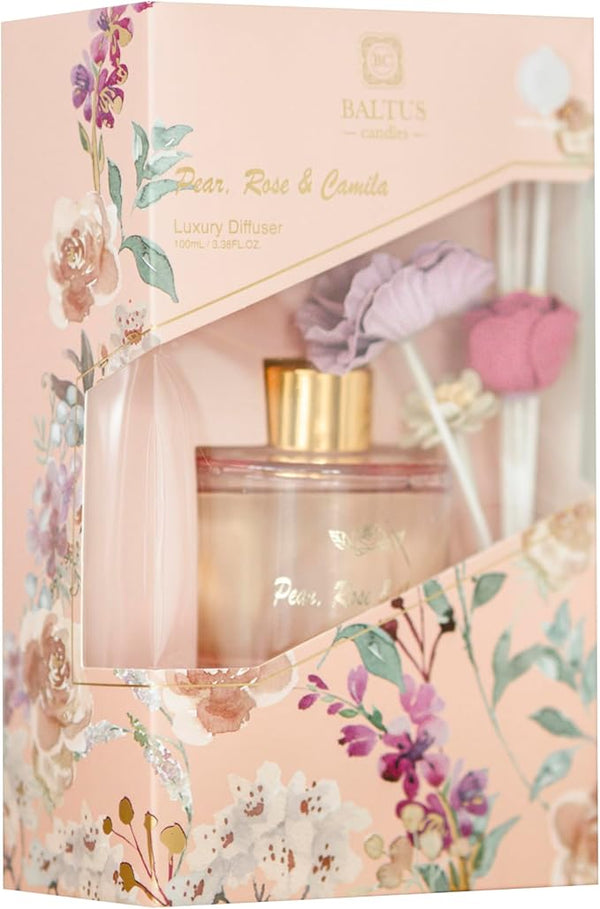 Perfume set with floral packaging featuring a diffuser and bottle.