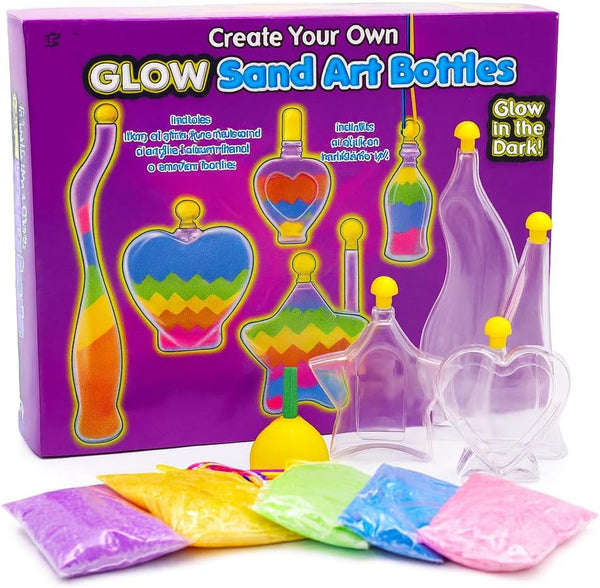 Glow sand art bottles kit with colorful sand packets on a white background