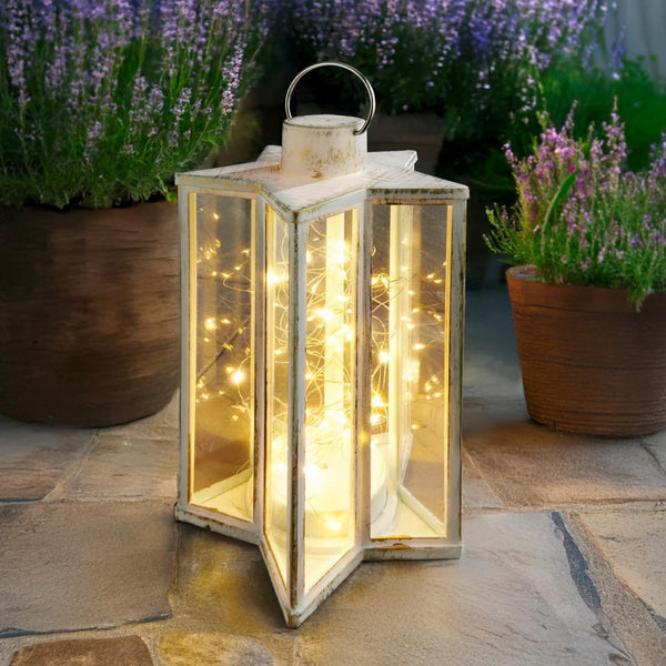 Decorative lantern with string lights on a stone surface with potted plants in the background