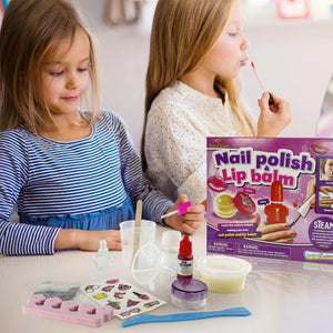 Two children playing with a nail polish lip balm kit on a table.