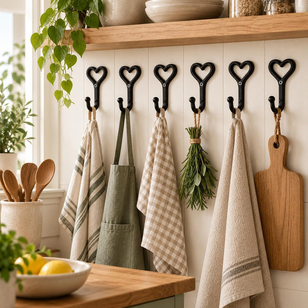 Six black heart-shaped kitchen hooks mounted on a white paneled wall, hanging towels, an apron, herbs, and a wooden cutting board in a bright kitchen setting.