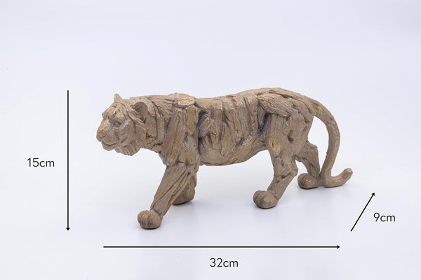 Tiger figurine with measurements on a white background