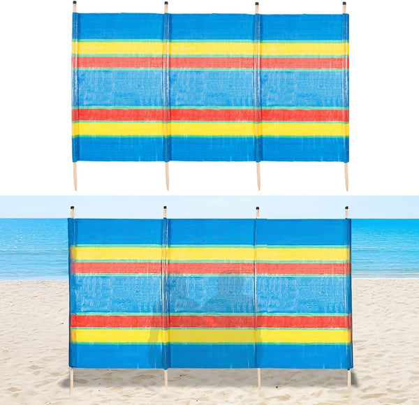 Colorful striped beach screen with blue, yellow, and red stripes on a sandy background.