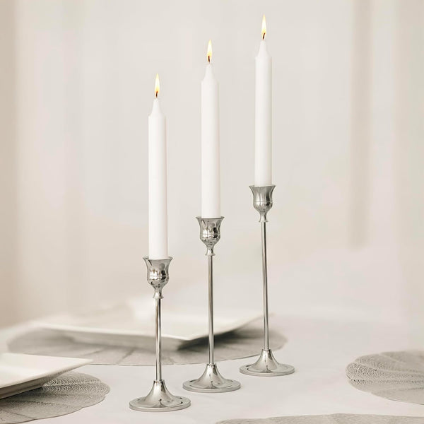 3 Pack Silver Candlestick Holders with Unscented Taper Candle